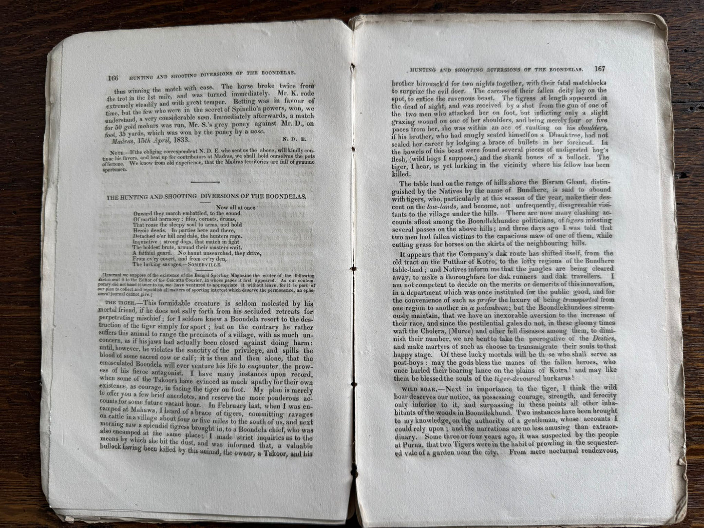 "My First Brush with a Tiger" - Early Indian printing - "The Bengal Monthly Sporting Magazine" - Calcutta 1833 - J.H.Stocqueler
