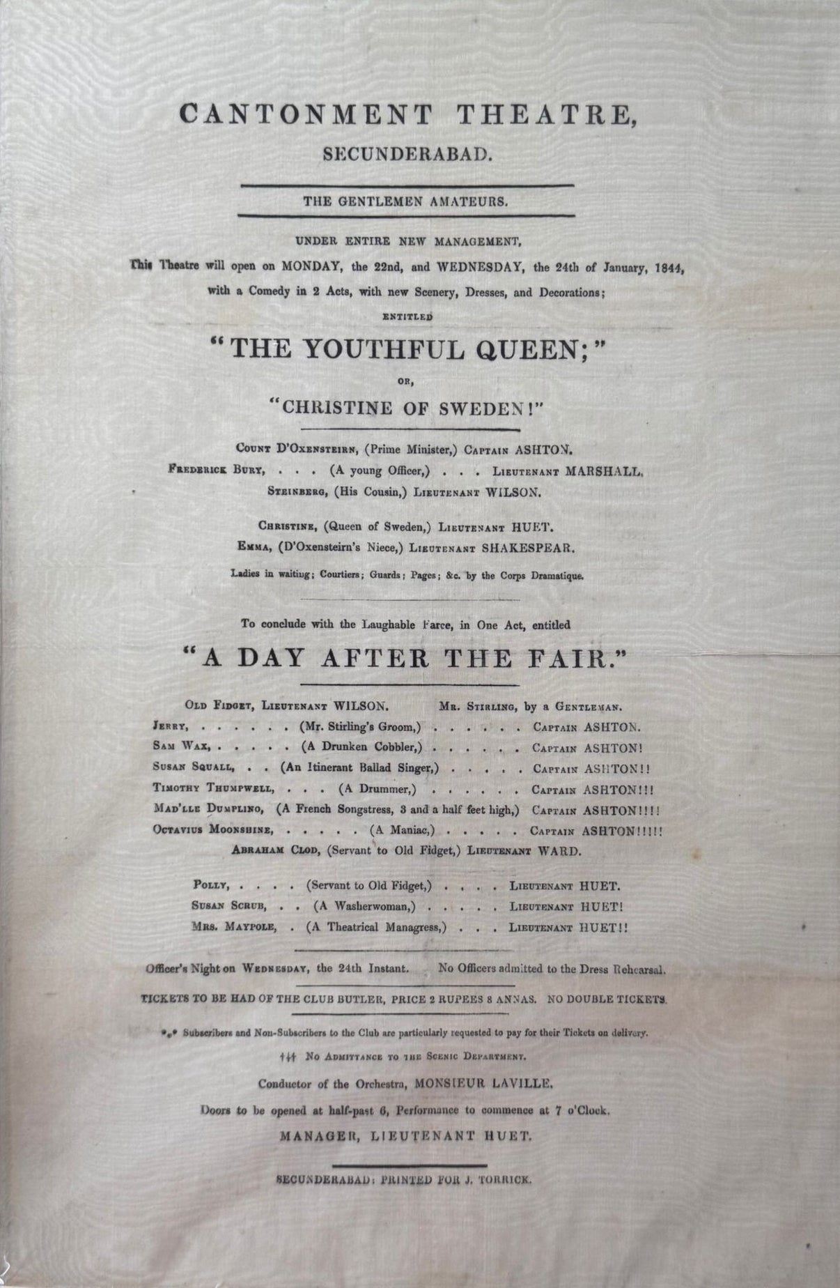 Unrecorded Silk Theatre Playbill Printed in 1844 at Secunderabad (India) by J Torrick for the 9th, 26th and 38th Madras Infantry "Gentleman Amateurs" for their performances at the Cantonment Theatre