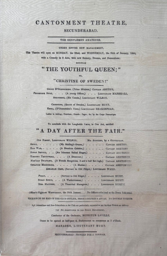 Unrecorded Silk Theatre Playbill Printed in 1844 at Secunderabad (India) by J Torrick for the 9th, 26th and 38th Madras Infantry "Gentleman Amateurs" for their performances at the Cantonment Theatre