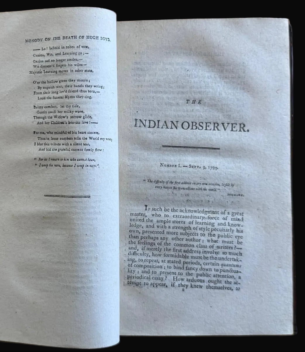 18th Century Calcutta printing Joseph Cooper - "The Indian Observer" by Hugh Boyd - Calcutta 1795