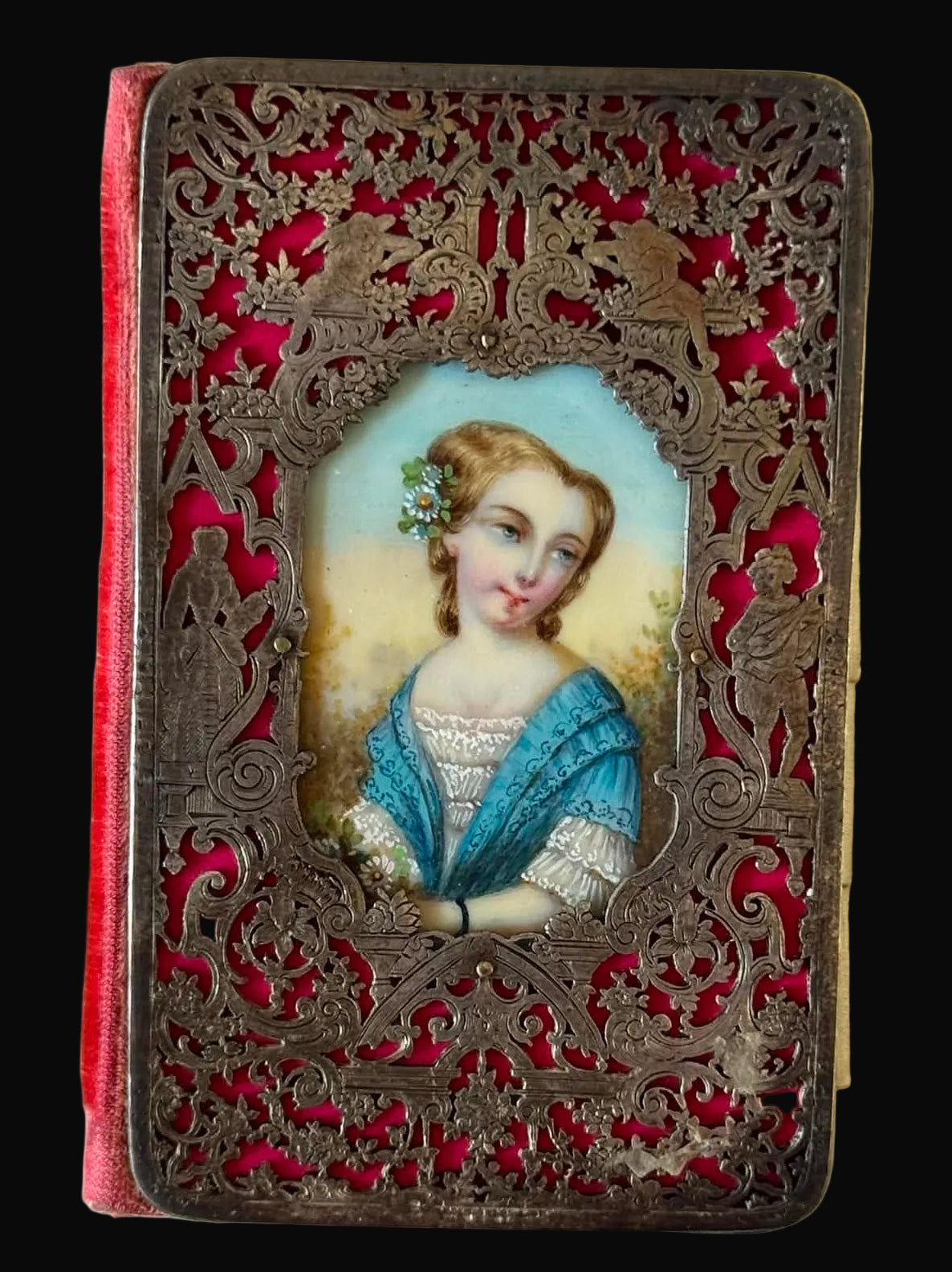 Mid-19th Century "Carnet de Bal" - Silver filigree bound dance card with Lady's portrait miniature on Ivory