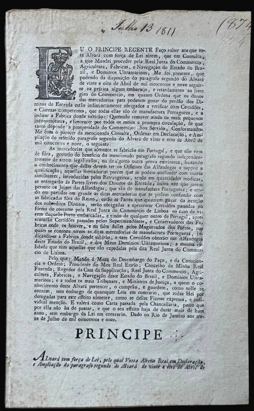 Early Brazilian Printing – Portuguese Trade and Import Duties – Printed in Rio in 1811