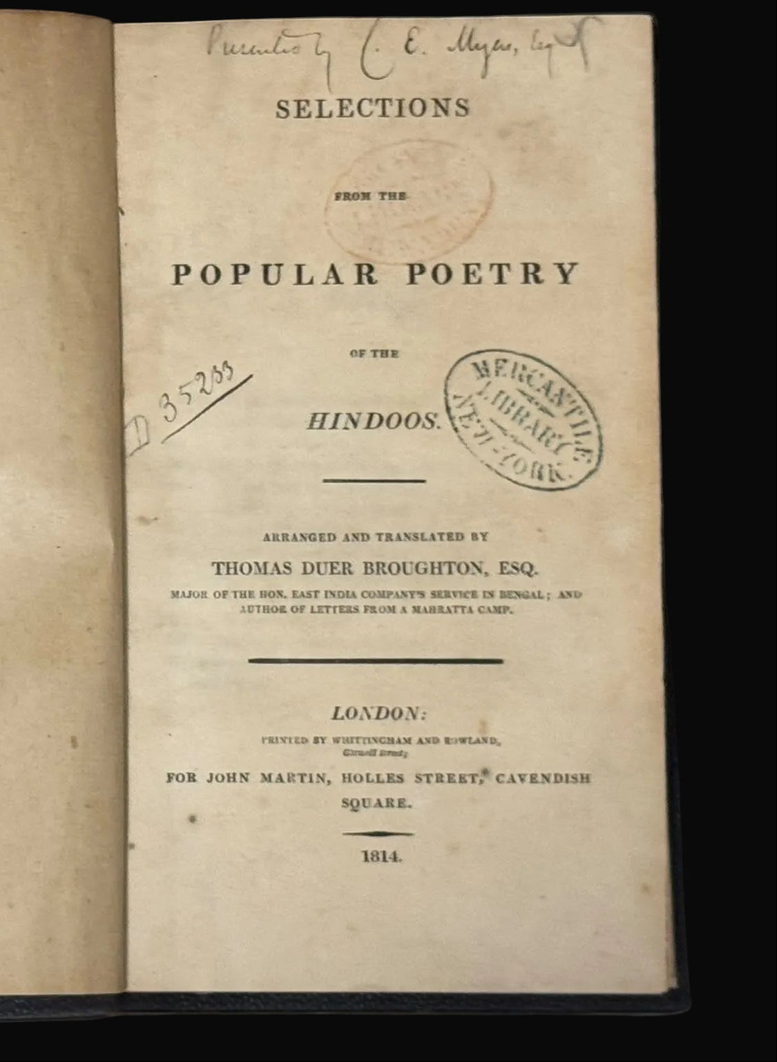 The first printed colletion of Hindi Poetry -  "Selections from the popular poetry of the Hindoos" - Thomas Duer Broughton 1814