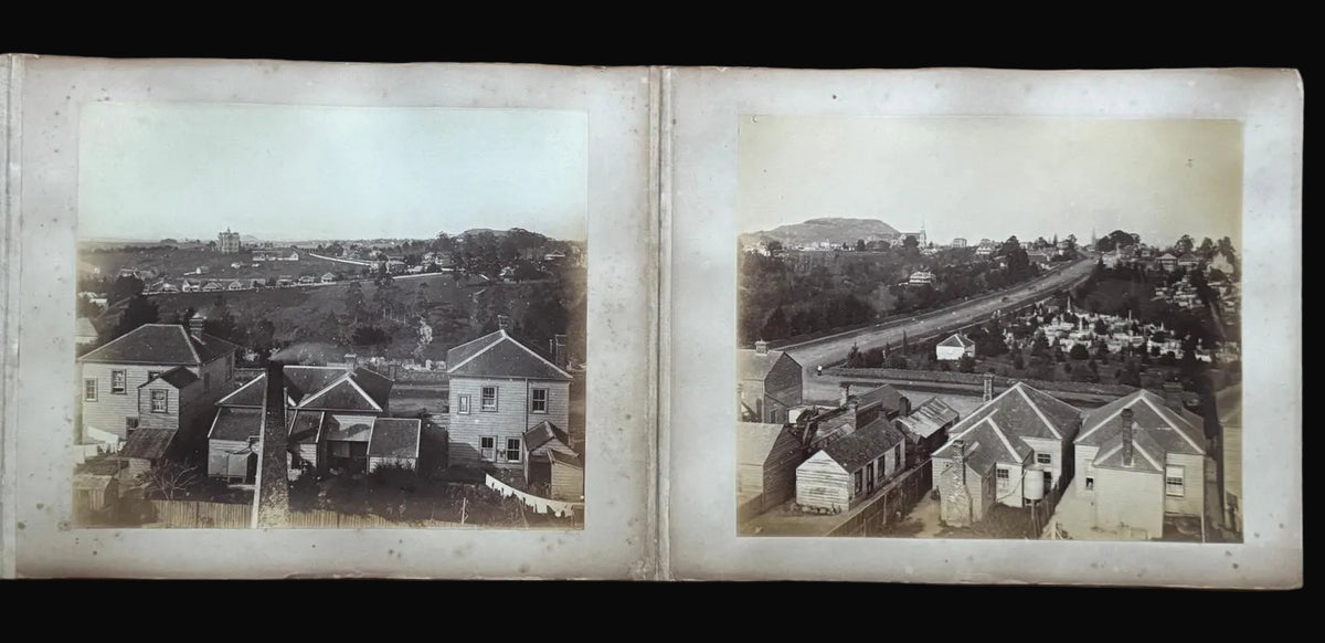 Complete 1870s Album of New Zealand Photographs by Robert Bartlett - Auckland panorama, Pink and White terraces, Māori King Tāwhiao