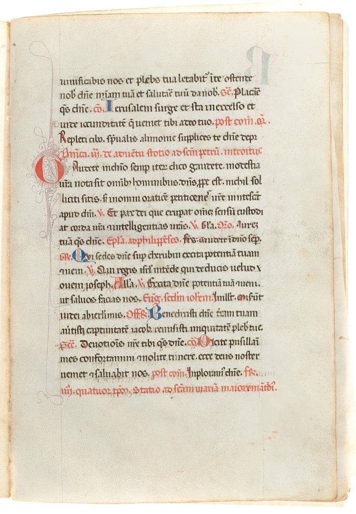 6 leaf Fragment of a large folio format c1400 Century Missale - “Incipit missale continuum secundum ordinem cappelle domini pape” - With eleven Lovely Lombard initials