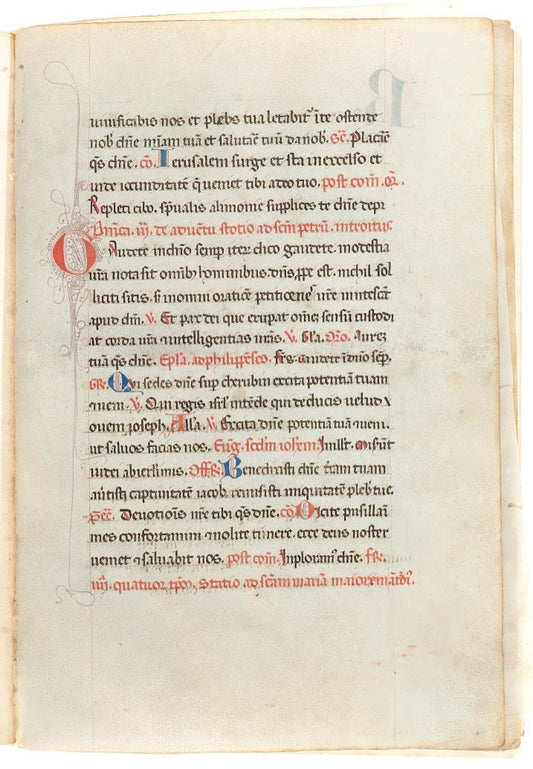 6 leaf Fragment of a large folio format c1400 Century Missale - “Incipit missale continuum secundum ordinem cappelle domini pape” - With eleven Lovely Lombard initials