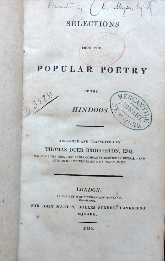 The first printed colletion of Hindi Poetry -  "Selections from the popular poetry of the Hindoos" - Thomas Duer Broughton 1814