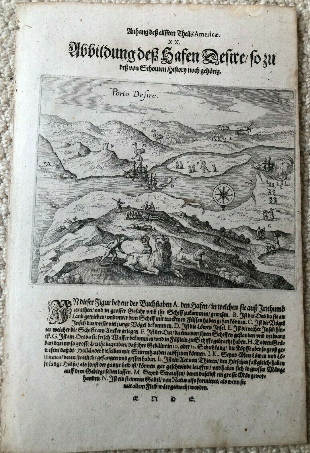 De Bry - "Schouten and Le Marie land at Deseado" - Patagonia - Magellan - 1620