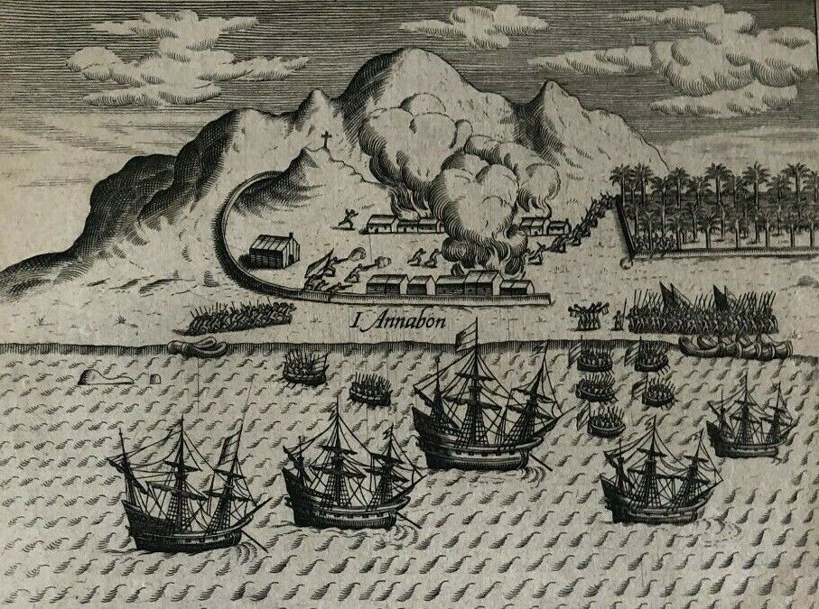 De Bry - "The Dutch reach Annabon (Pagalu)" Equatorial Guinea 1601 - Engraving