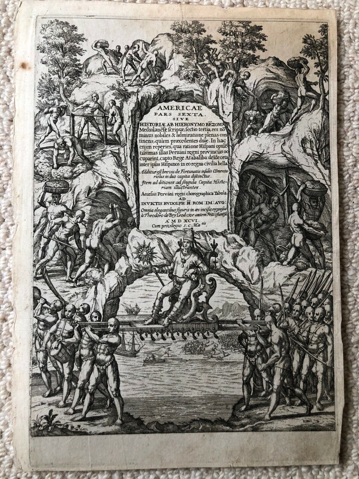 De Bry - "Title page to Americae Pars Sexta" 1596 - Atahualpa - Inca - Pizarro