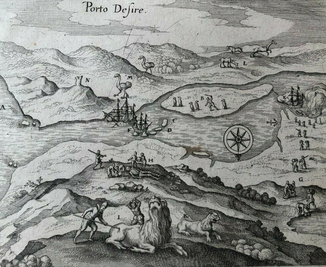 De Bry - "Schouten and Le Marie land at Deseado" - Patagonia - Magellan - 1620