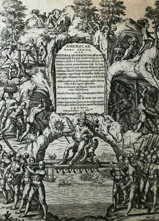 De Bry - "Title page to Americae Pars Sexta" 1596 - Atahualpa - Inca - Pizarro