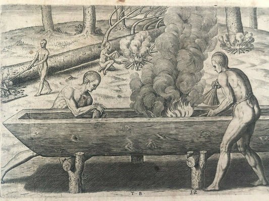 De Bry -“How they built their boats" - Original - 1590 - Virginia - Carolina