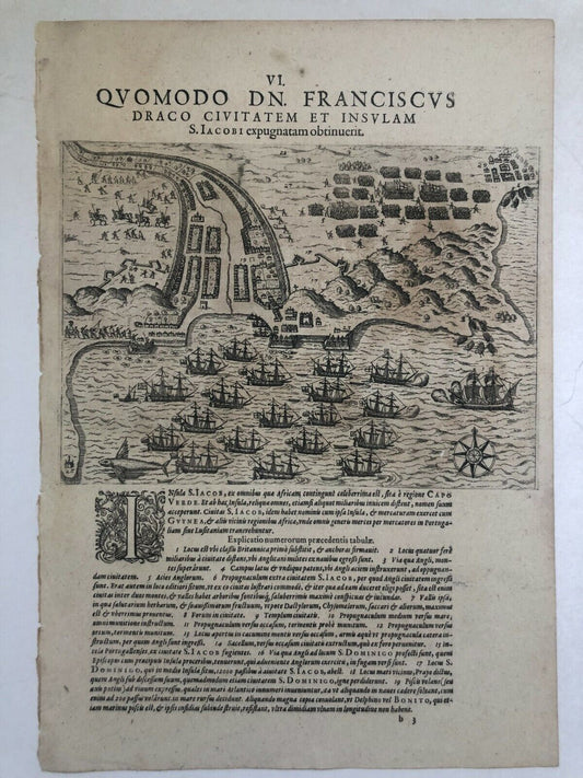 De Bry “Francis Drake attacks Praia, Santiago in the Cape Verde Islands" - 1599