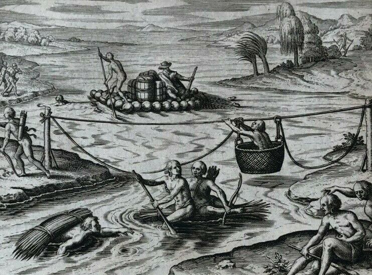 De Bry - " How the Indians cross rivers" 1601 - Acosta - Peru - Pumpkin raft(!)
