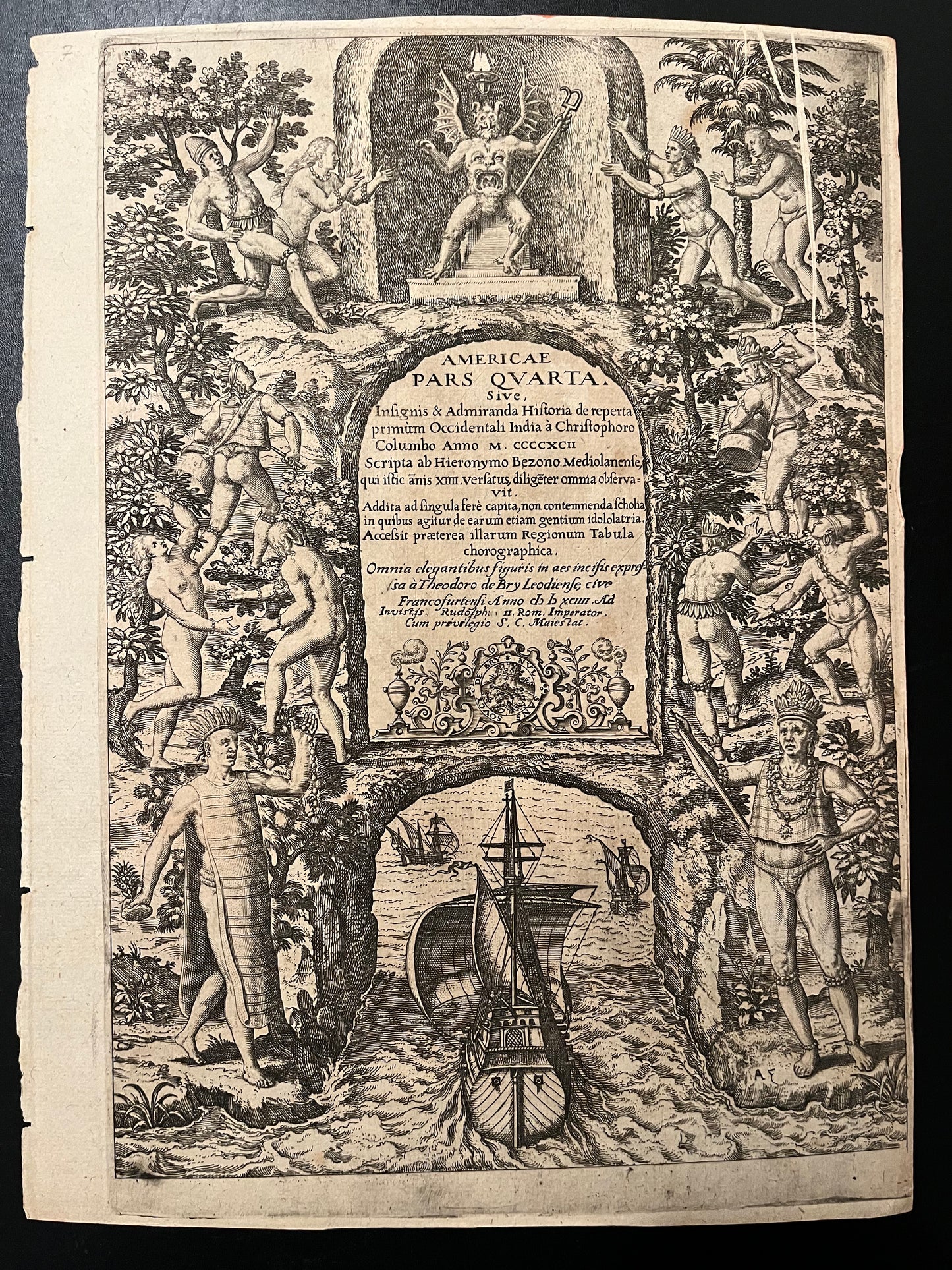 Title Page to Part 4 of the Grands Voyages De Bry Benzoni / Columbus 1594