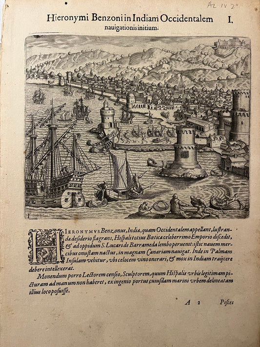 "The Departure of Benzoni from Cadiz / SanLucar" - 1594 - De Bry