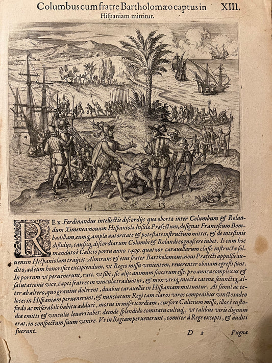 "Columbus and his Brother are arrested" - De Bry - 1594 - Hispaniola