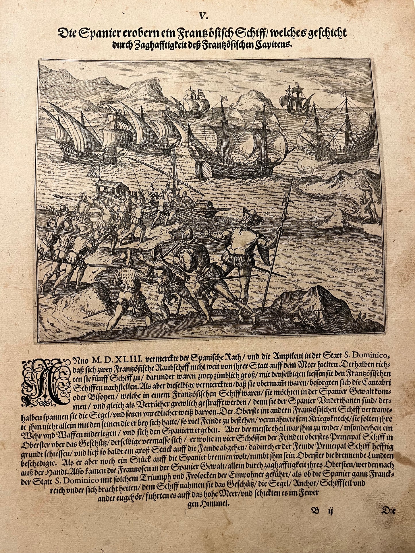 "The Spanish capture a French ship off the coast of Santo Domingo" - De Bry - 1594