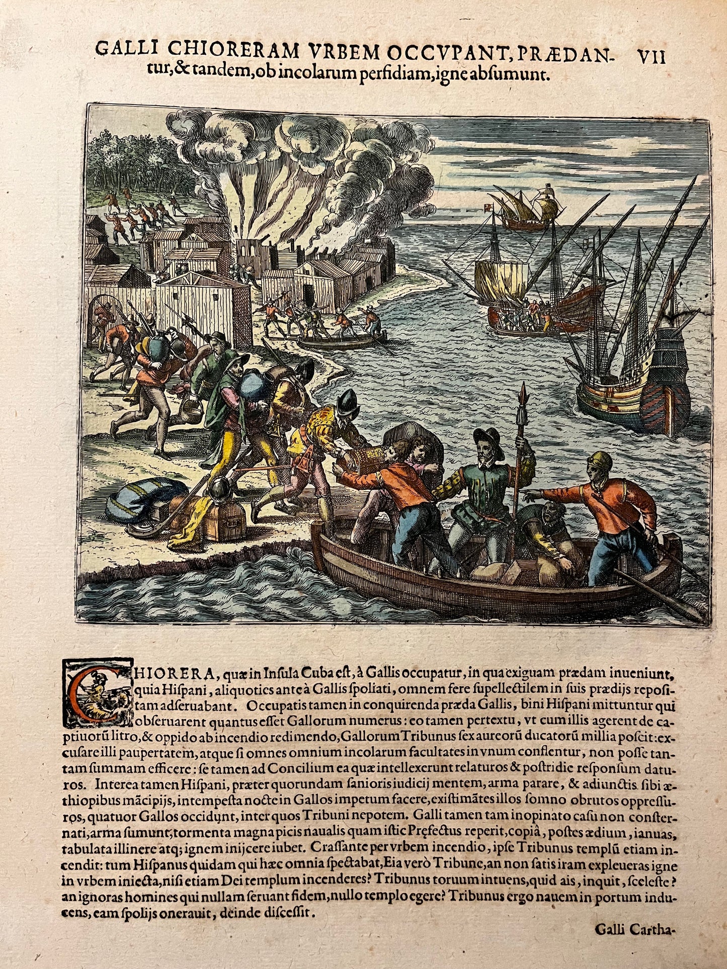 "Chorera in Cuba is burnt by the French" - de Bry - 1595