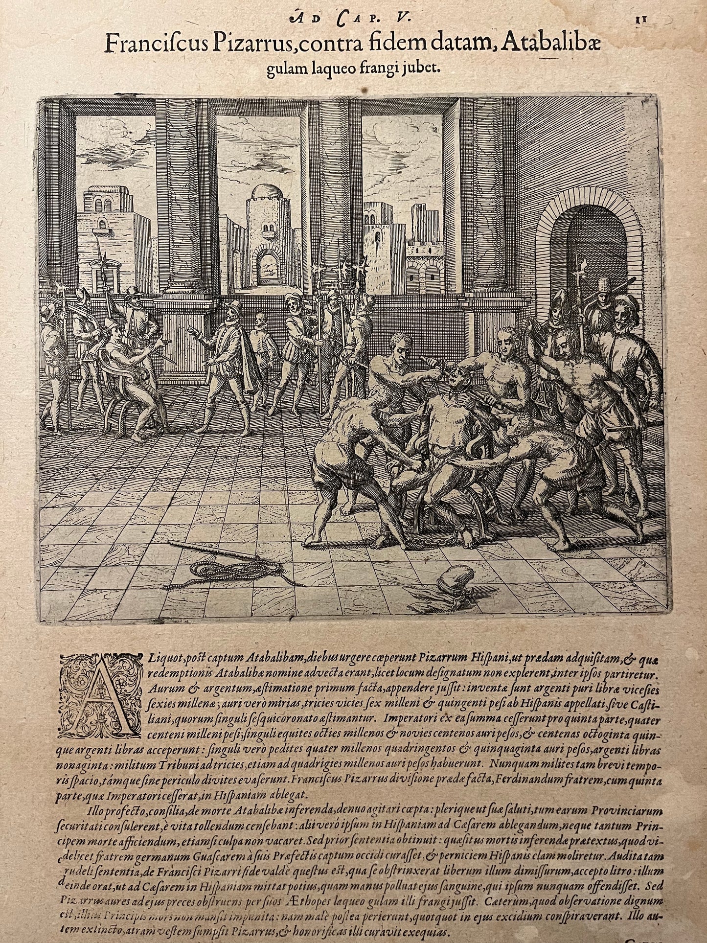 "Atahualpa is garrotted by the orders of Piazzaro" De Bry 1596
