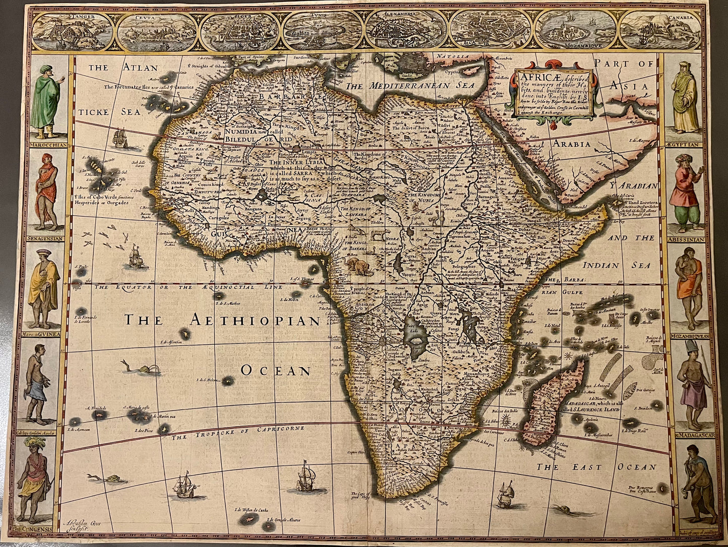Africa - John Speed - 1665  "Africae, Described. The manners of their Habits and buildings newly done into English by I.S" - rare Roger Rae Edition.